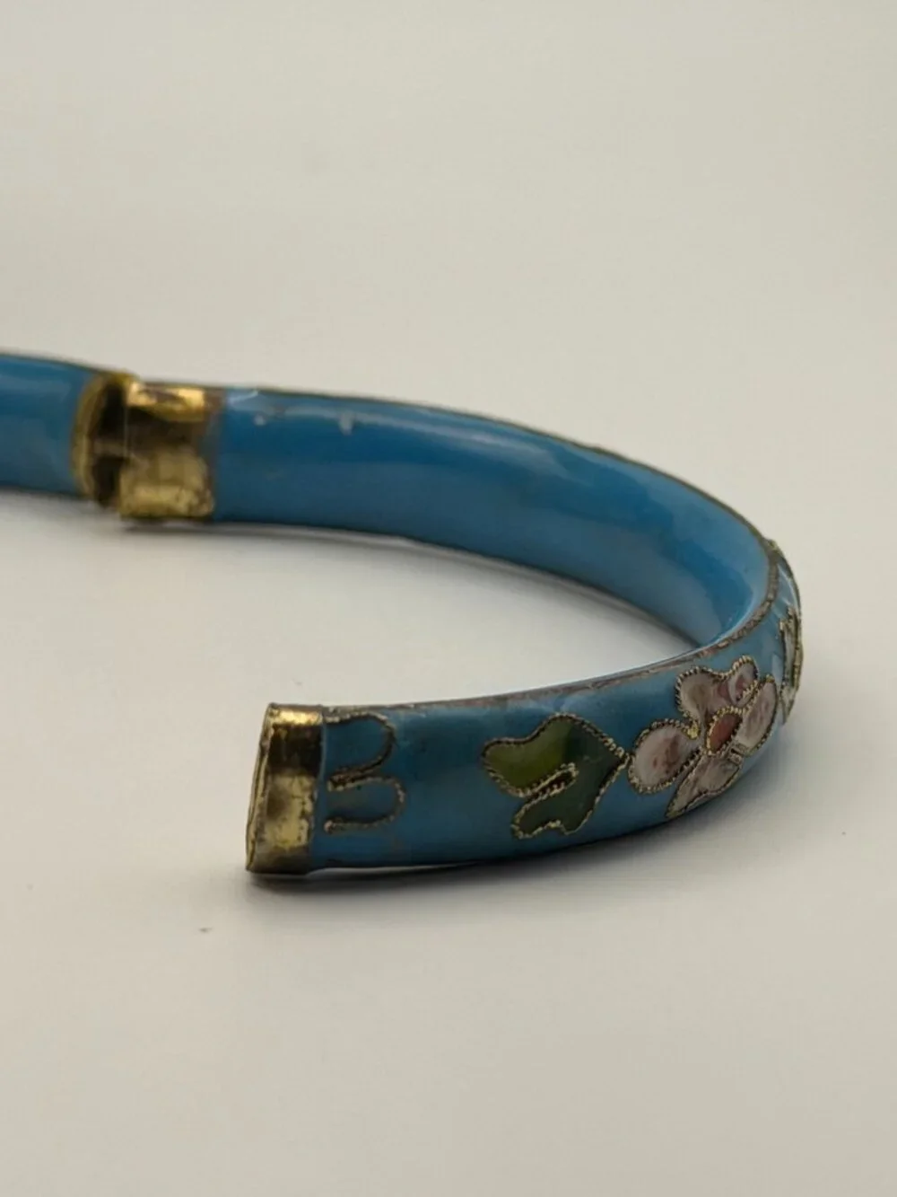 VTG Cloisonné Bracelet Bangle Cobalt Blue Enamel Gold Floral Hinged 3